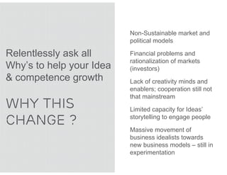 Non-Sustainable market and
                          political models

Relentlessly ask all      Financial problems and
                          rationalization of markets
Why’s to help your Idea   (investors)
& competence growth       Lack of creativity minds and
                          enablers; cooperation still not
                          that mainstream
WHY THIS                  Limited capacity for Ideas’

CHANGE ?                  storytelling to engage people

                          Massive movement of
                          business idealists towards
                          new business models – still in
                          experimentation
 