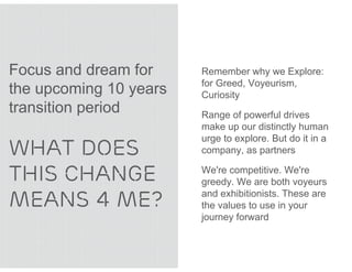 Focus and dream for     Remember why we Explore:
                        for Greed, Voyeurism,
the upcoming 10 years   Curiosity
transition period       Range of powerful drives
                        make up our distinctly human
                        urge to explore. But do it in a
WHAT DOES               company, as partners

THIS CHANGE             We're competitive. We're
                        greedy. We are both voyeurs

MEANS 4 ME?             and exhibitionists. These are
                        the values to use in your
                        journey forward
 