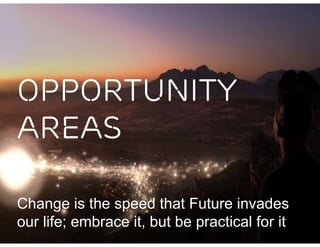 OPPORTUNITY
AREAS

Change is the speed that Future invades
our life; embrace it, but be practical for it
 