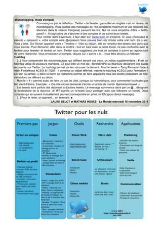 Microblogging, mode d'emploi
Commençons par la définition : Twitter - de fweefer, gazouiller en anglais - est un réseau de
microblogging. Vous publiez des messages de 140 caractères maximum et vos followers (ou
abonnés dans la version française) peuvent les lire. Nul ne vous empêche d'être « twittopassif » : Il s'agit alors de s'abonner à des comptes et de suivre leurs tweets.
Pour rentrer dans l'aventure, il faut aller sur Twitter.com et s'inscrire. Si vous choisissez le
pseudo « opossum », votre compte sera @opossum Vous pouvez bien sûr choisir votre vrai nom. Ça y est.
Vous y êtes. Sur l'écran apparaît votre « Timeline ». Vide au départ, elle se remplira des tweets des gens que
vous suivrez. Pour démarrer, aller dans la fenêtre - tout en haut avec la petite loupe, ne pas confondre avec la
fenêtre pour tweeter- et rentrer un nom. Twitter vous suggérera une liste de comptes à suivre se rapprochant
de votre recherche. Vous choisissez un compte, cliquez sur « suivre » et... vous êtes devenu un follower.
Hashtag
[...] Pour comprendre les micromessages qui défilent devant vos yeux, un indice supplémentaire : # est un
hashtag utilisé de plusieurs manières. Ce peut être un mot-clé : #primairePS ou #sarkozy désignent des sujets
récurrents sur Twitter. Le hashtag permet de les retrouver facilement. Ainsi le tweet « Tariq Ramadan face à
Alain Finkielkraut #CSO| 8/11/2011 » annonce un débat télévisé. Inscrire le hashtag #CSOJ (pour l'émission «
Ce soir ou jamais ») dans la barre de recherche permet de faire apparaître tous les tweets possédant ce motclé et donc se référant au débat.
Mais le « # » permet aussi de faire un pas de côté, cynique ou humoristique, pour commenter la phrase que
l'on vient d'écrire. Exemple : « On m'a encore demandé d’écrire un article de merde #jaimemontravail. »
Les tweets sont parfois des réponses à d'autres tweets. Le message commence alors par un @... désignant
le destinataire de la réponse. Un RT signifie un re-tweet (pour partager avec ses followers un tweet). Deux
comptes qui se suivent mutuellement peuvent correspondre en privé par DM (pour direct message).
[...] Pour le reste, on apprend... en tweetant. ■
LAURE BELOT et MATHIAS HOSXE - Le Monde mercredi 16 novembre 2011

TP - Twitter - M2LTICE - Centre de Langues - Univ. Lyon 2

 