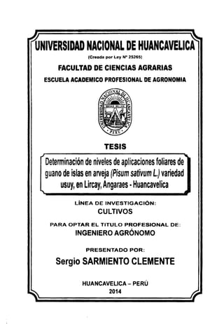 UNIVERSIDAD NACIONAL DE HUANCAVELICA
(Creada por Ley N° 25265)
FACULTAD DE CIENCIAS AGRARIAS
ESCUELA ACADEMICO PROFESIONAL DE AGRONOMIA
TESIS
Determinación de niveles de aplicaciones foliares de
guano de islas en arveja (Pisum sativum L.) variedad
usuy, en Lircay, Angaraes •Huancavelica
LÍNEA DE INVESTIGACIÓN:
CULTIVOS
PARA OPTAR EL TITULO PROFESIONAL DE:
INGENIERO AGRÓNOMO
PRESENTADO POR:
Sergio SARMIENTO CLEMENTE
HUANCAVELICA - PERÚ
2014
 