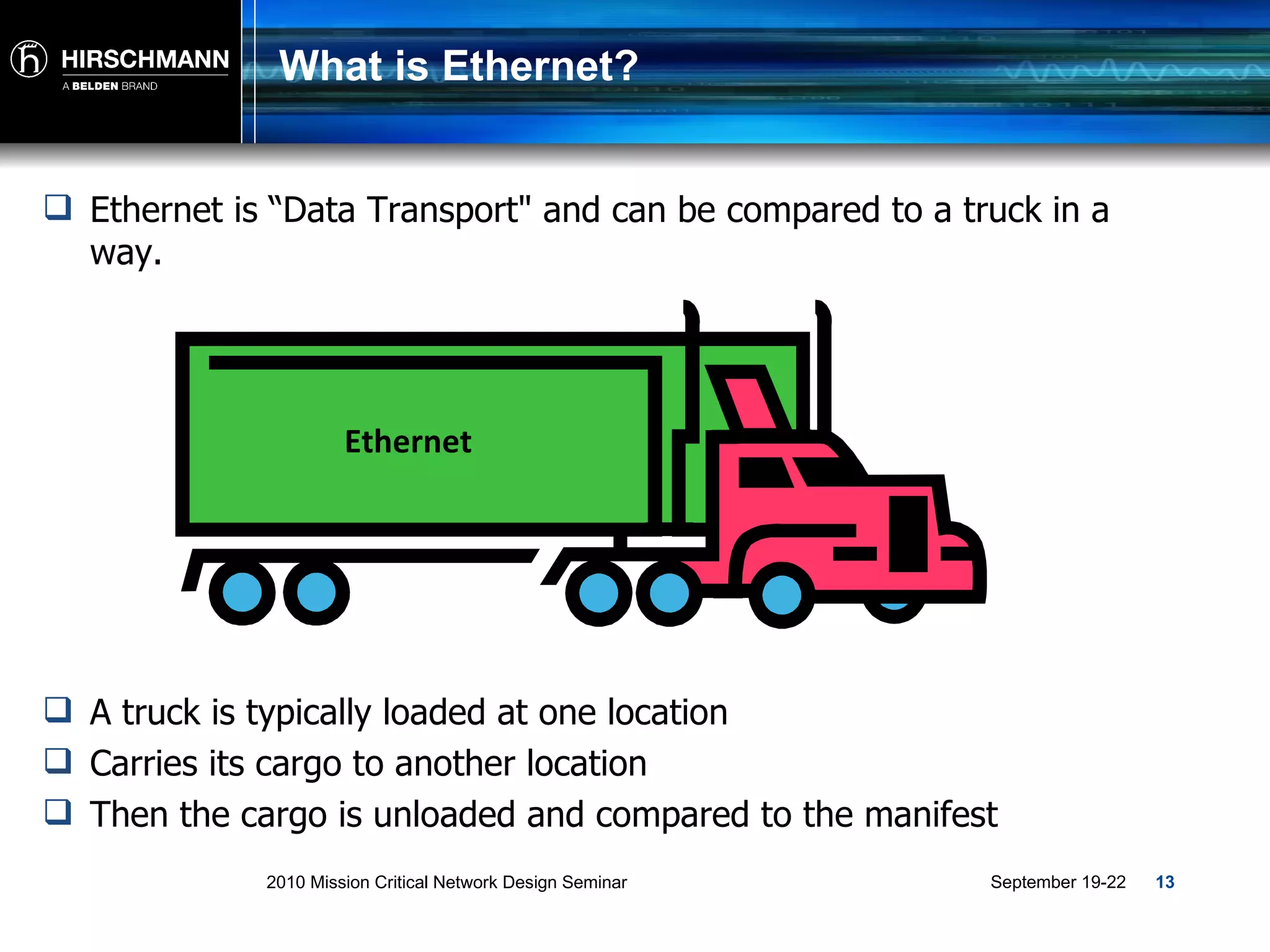 What is Ethernet? Ethernet is “Data Transport&quot; and can be compared to a truck in a way. A truck is typically loaded at one location Carries its cargo to another location Then the cargo is unloaded and compared to the manifest Ethernet 