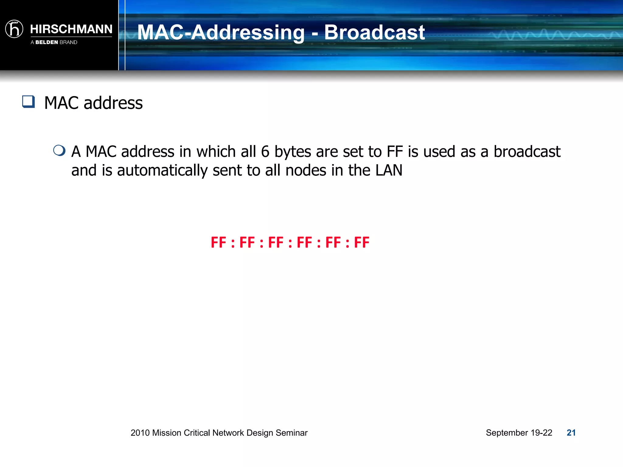 MAC-Addressing - Broadcast FF : FF : FF : FF : FF : FF MAC address A MAC address in which all 6 bytes are set to FF is used as a broadcast and is automatically sent to all nodes in the LAN 