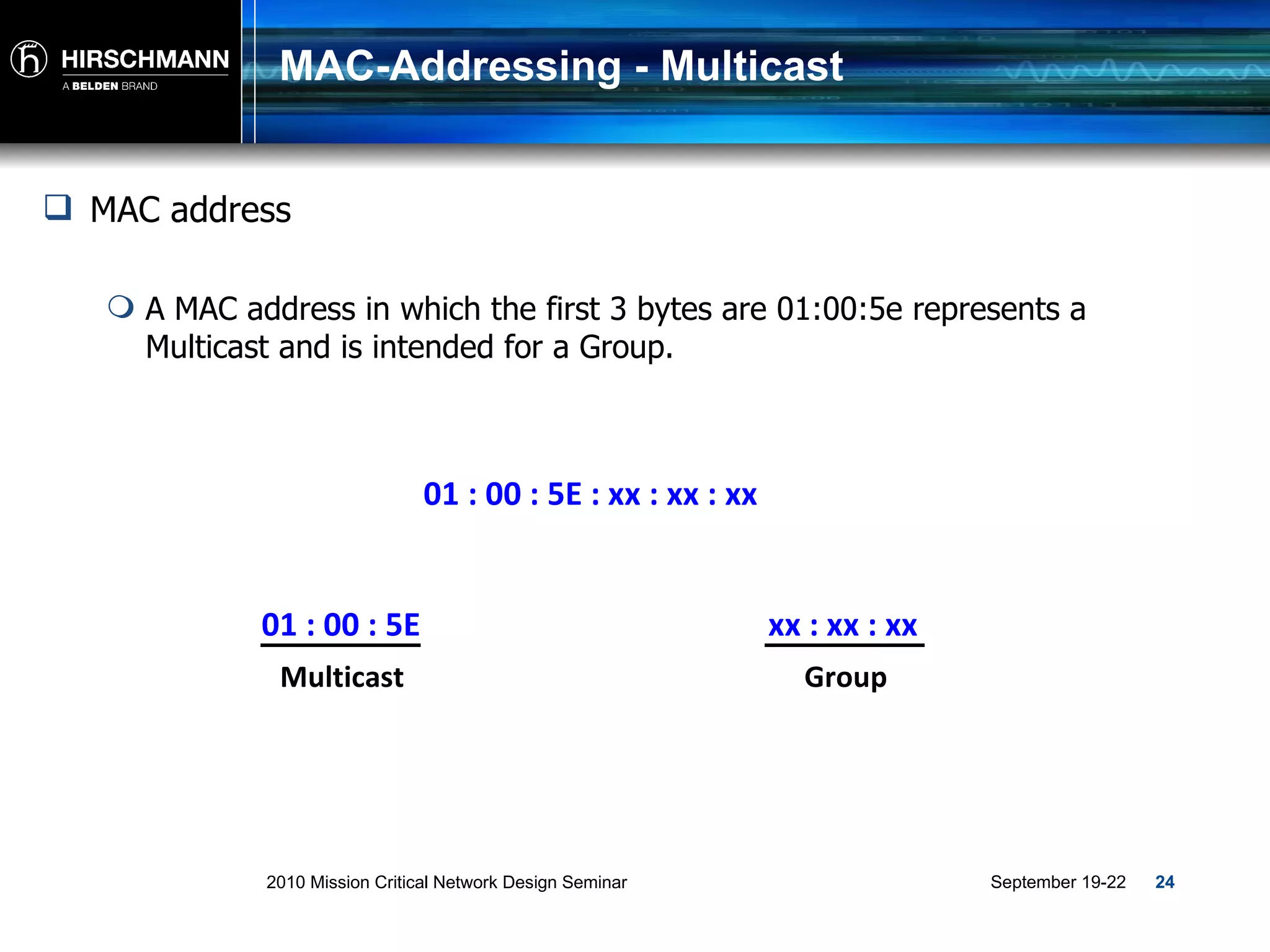MAC-Addressing - Multicast 01 : 00 : 5E : xx : xx : xx MAC address A MAC address in which the first 3 bytes are 01:00:5e represents a Multicast and is intended for a Group. 01 : 00 : 5E Multicast xx : xx : xx Group 