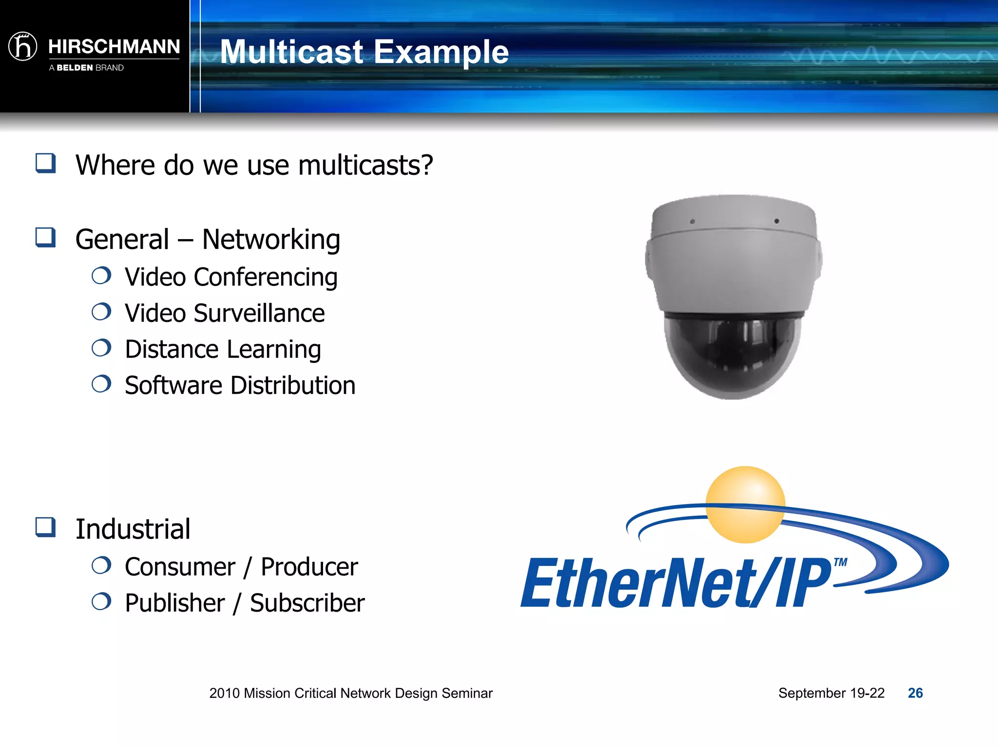 Multicast Example Where do we use multicasts? General – Networking Video Conferencing Video Surveillance Distance Learning Software Distribution Industrial Consumer / Producer Publisher / Subscriber 