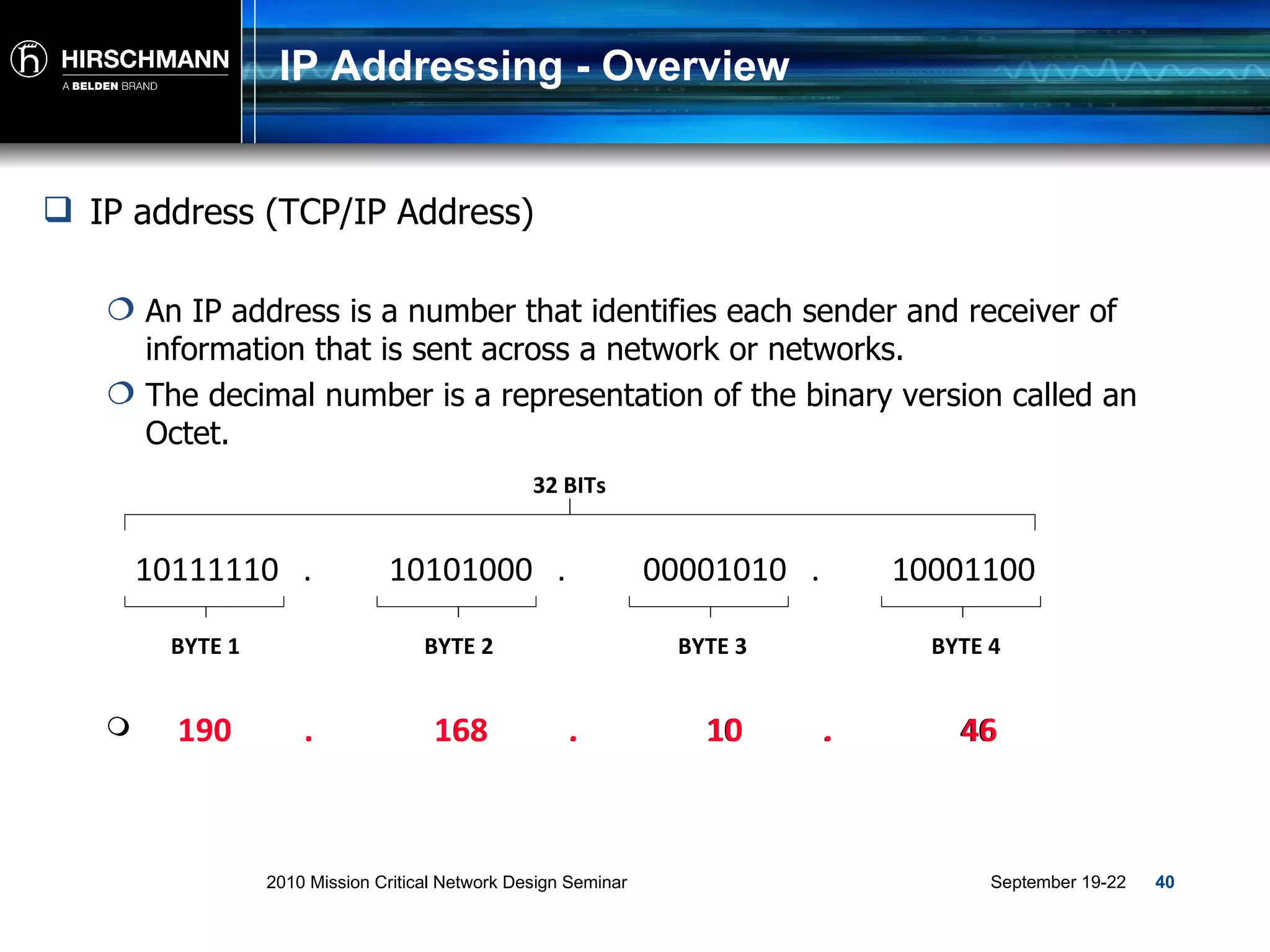 IP Addressing - Overview IP address (TCP/IP Address) An IP address is a number that identifies each sender and receiver of information that is sent across a network or networks. The decimal number is a representation of the binary version called an Octet. 190  .  168  .  10  .  46 190  .  168  .  10  .  46 10111110  . 10101000  . 00001010  . 10001100 BYTE 1 BYTE 2 BYTE 3 BYTE 4 32 BITs 