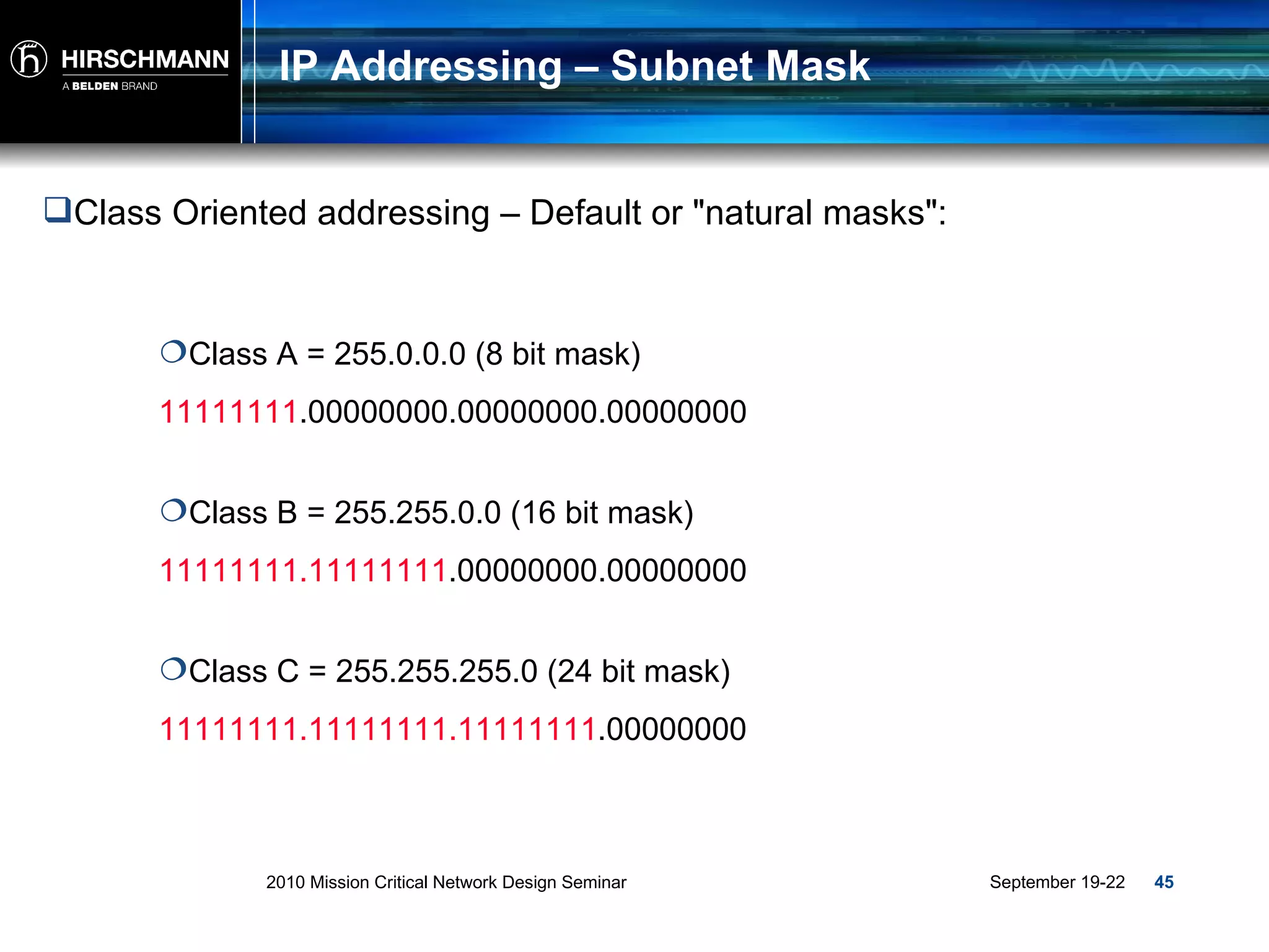 IP Addressing – Subnet Mask Class A = 255.0.0.0 (8 bit mask) Class B = 255.255.0.0 (16 bit mask) Class C = 255.255.255.0 (24 bit mask) Class Oriented addressing – Default or &quot;natural masks&quot;: 11111111 .00000000.00000000.00000000 11111111.11111111 .00000000.00000000 11111111.11111111.11111111 .00000000 