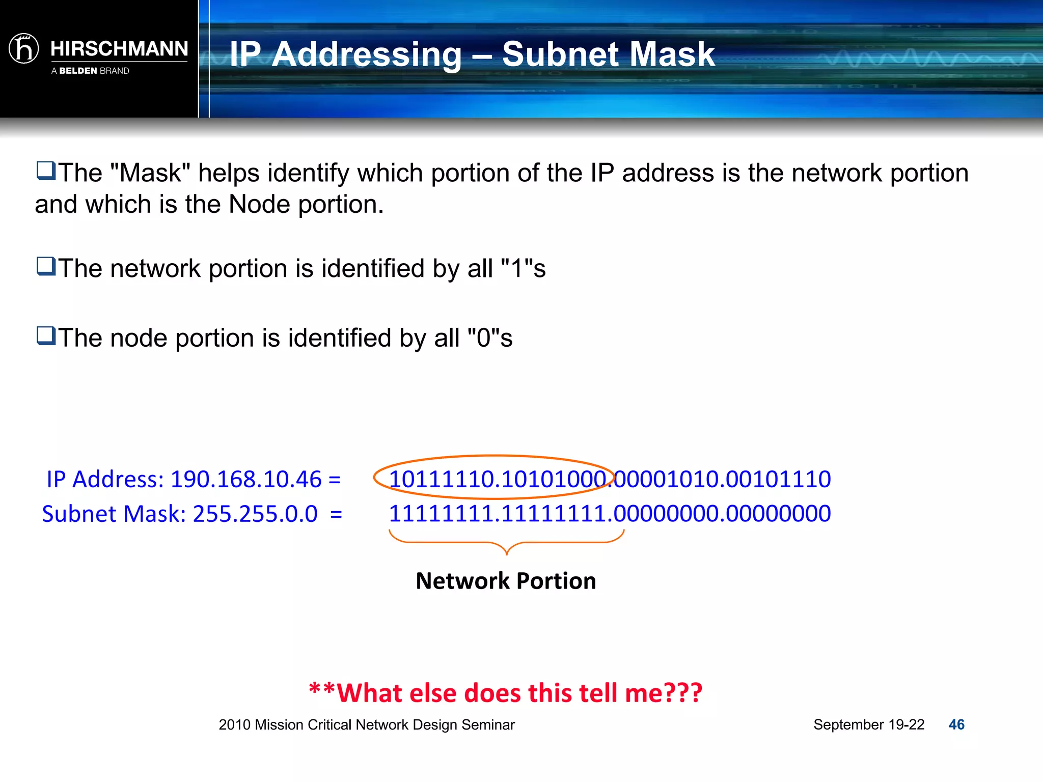 IP Addressing – Subnet Mask The &quot;Mask&quot; helps identify which portion of the IP address is the network portion and which is the Node portion. The network portion is identified by all &quot;1&quot;s The node portion is identified by all &quot;0&quot;s IP Address: 190.168.10.46 =  10111110.10101000.00001010.00101110 Subnet Mask: 255.255.0.0  =  Network Portion **What else does this tell me??? 11111111.11111111. 00000000.00000000 