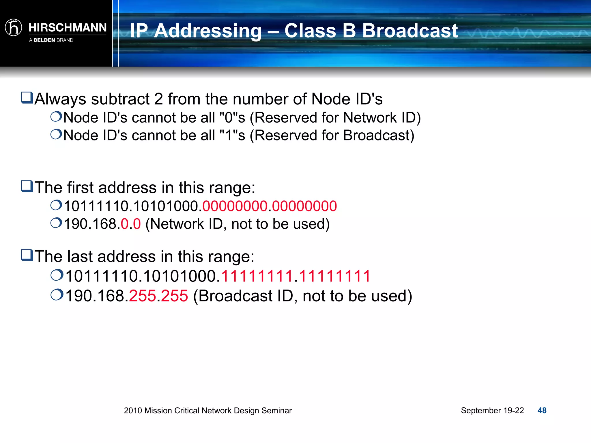IP Addressing – Class B Broadcast Always subtract 2 from the number of Node ID's Node ID's cannot be all &quot;0&quot;s (Reserved for Network ID) Node ID's cannot be all &quot;1&quot;s (Reserved for Broadcast) The first address in this range: 10111110.10101000. 00000000 . 00000000 190.168. 0 . 0  (Network ID, not to be used) The last address in this range: 10111110.10101000. 11111111 . 11111111 190.168. 255 . 255  (Broadcast ID, not to be used) 