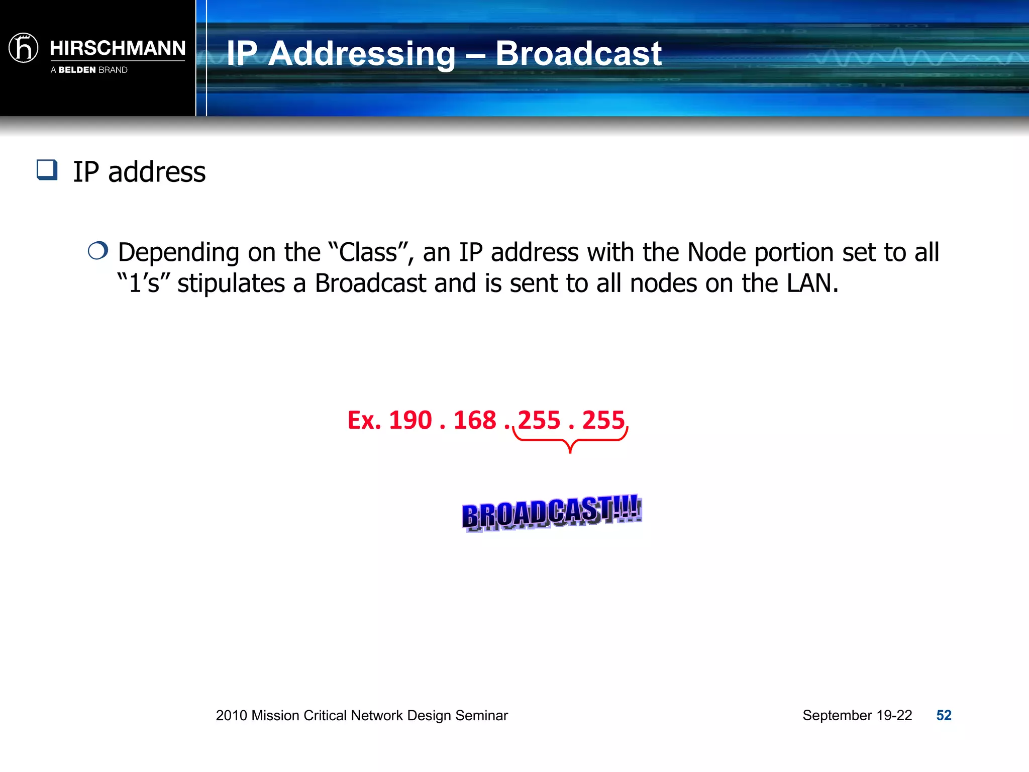 IP Addressing – Broadcast Ex. 190 . 168 . 255 . 255 IP address Depending on the “Class”, an IP address with the Node portion set to all “1’s” stipulates a Broadcast and is sent to all nodes on the LAN. BROADCAST!!! 