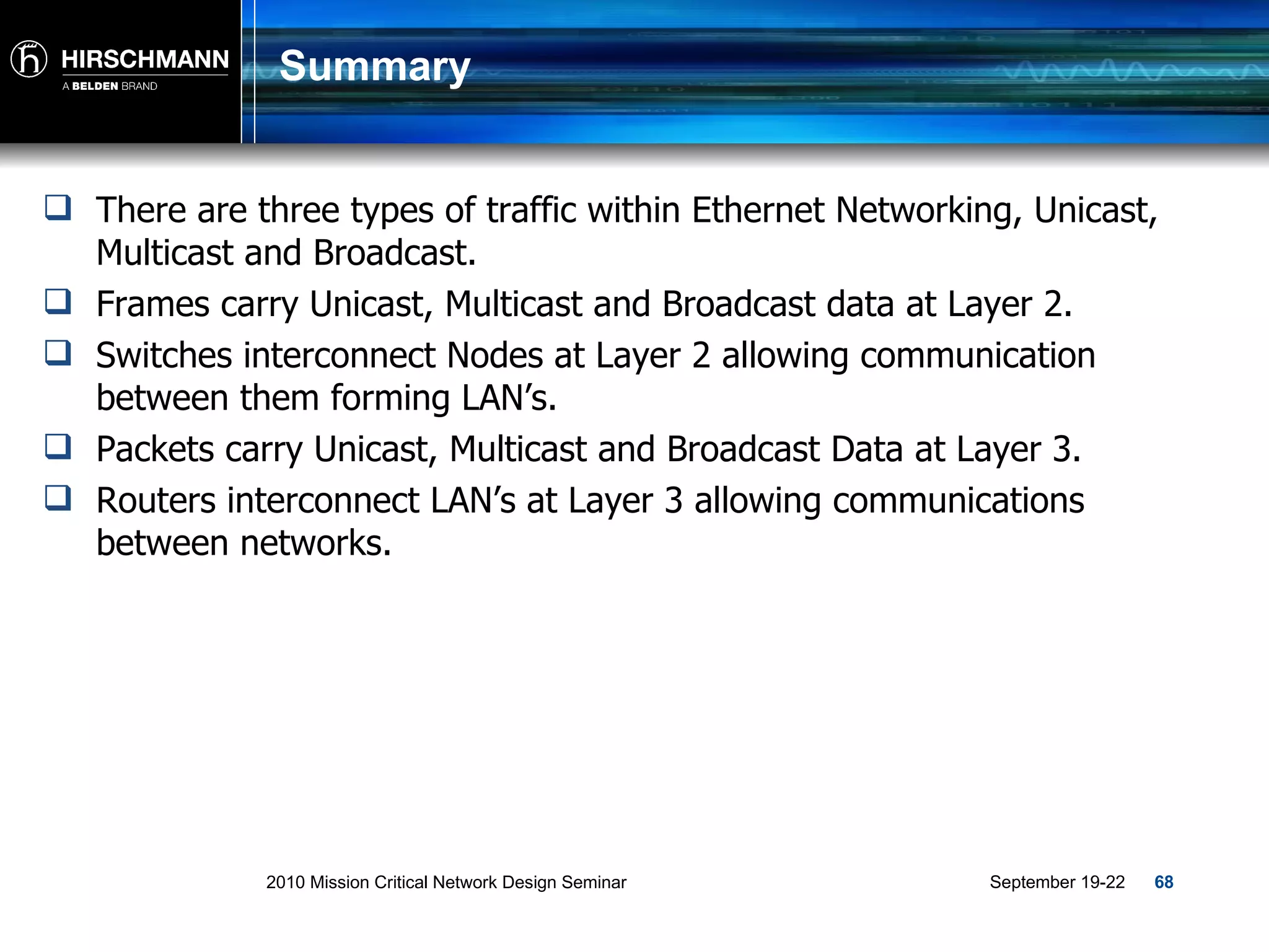 Summary There are three types of traffic within Ethernet Networking, Unicast, Multicast and Broadcast. Frames carry Unicast, Multicast and Broadcast data at Layer 2. Switches interconnect Nodes at Layer 2 allowing communication between them forming LAN’s. Packets carry Unicast, Multicast and Broadcast Data at Layer 3. Routers interconnect LAN’s at Layer 3 allowing communications between networks. 