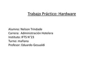 Alumno: Nelson Trindade
Carrera: Administración Hotelera
Instituto: IFTS N°23
Turno: mañana
Profesor: Eduardo Gesualdi
Trabajo Práctico: Hardware
 