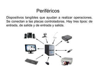 Periféricos
Dispositivos tangibles que ayudan a realizar operaciones.
Se conectan a las placas controladoras. Hay tres tipos: de
entrada, de salida y de entrada y salida.
 