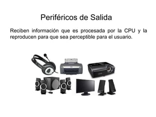 Periféricos de Salida
Reciben información que es procesada por la CPU y la
reproducen para que sea perceptible para el usuario.
 