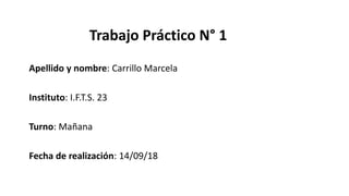 Trabajo Práctico N° 1
Apellido y nombre: Carrillo Marcela
Instituto: I.F.T.S. 23
Turno: Mañana
Fecha de realización: 14/09/18
 