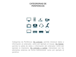 CATEGRORIAS DE
PERIFERICOS
Categorías de Periféricos: De entrada: permite introducir datos o
información al ordenador, como por ejemplo el mouse. De Salida:
permite la salida de datos o información del ordenador, como por
ejemplo la impresora. De entrada y salida: interactúan con los
elementos externos de forma bidireccional, como por ejemplo el
pendrive.
 