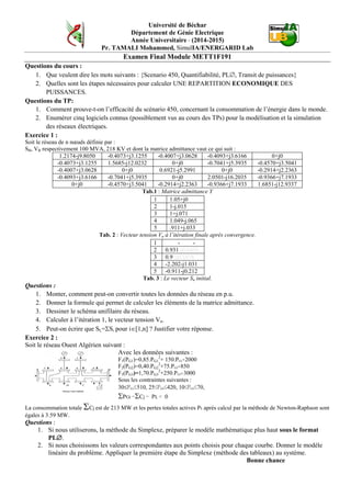 Université de Béchar
Département de Génie Electrique
Année Universitaire - (2014-2015)
Pr. TAMALI Mohammed, SimulIA/ENERGARID Lab
Examen Final Module METT1F191
Questions du cours :
1. Que veulent dire les mots suivants : {Scenario 450, Quantifiabilité, PL∅, Transit de puissances}
2. Quelles sont les étapes nécessaires pour calculer UNE REPARTITION ECONOMIQUE DES
PUISSANCES.
Questions du TP:
1. Comment prouve-t-on l’efficacité du scénario 450, concernant la consommation de l’énergie dans le monde.
2. Enumérer cinq logiciels connus (possiblement vus au cours des TPs) pour la modélisation et la simulation
des réseaux électriques.
Exercice 1 :
Soit le réseau de n nœuds définie par :
SB, VB respectivement 100 MVA, 218 KV et dont la matrice admittance vaut ce qui suit :
1.2174-j9.8050 -0.4073+j3.1255 -0.4007+j3.0628 -0.4093+j3.6166 0+j0
-0.4073+j3.1255 1.5685-j12.0232 0+j0 -0.7041+j5.3935 -0.4570+j3.5041
-0.4007+j3.0628 0+j0 0.6921-j5.2991 0+j0 -0.2914+j2.2363
-0.4093+j3.6166 -0.7041+j5.3935 0+j0 2.0501-j16.2035 -0.9366+j7.1933
0+j0 -0.4570+j3.5041 -0.2914+j2.2363 -0.9366+j7.1933 1.6851-j12.9337
Tab.1 : Matrice admittance Y
1 1.05+j0
2 1-j.015
3 1+j.071
4 1.049-j.065
5 .911+j.033
Tab. 2 : Vecteur tension Vn à l’itération finale après convergence.
1 - -
2 0.931-j0.0450
3 0.9+j0.1078
4 -2.202-j1.031
5 -0.911-j0.212
Tab. 3 : Le vecteur Sn initial.
Questions :
1. Monter, comment peut-on convertir toutes les données du réseau en p.u.
2. Donner la formule qui permet de calculer les éléments de la matrice admittance.
3. Dessiner le schéma unifilaire du réseau.
4. Calculer à l’itération 1, le vecteur tension Vn.
5. Peut-on écrire que SL=ΣSi pour i∈[1,n] ? Justifier votre réponse.
Exercice 2 :
Soit le réseau Ouest Algérien suivant :
Avec les données suivantes :
F1(PG1)=0,85.PG1
2
+ 150.PG1+2000
F2(PG2)=0,40.PG2
2
+75.PG2+850
F3(PG3)=1,70.PG3
2
+250.PG3+3000
Sous les contraintes suivantes :
30≤PG1≤510, 25≤PG2≤420, 10≤PG3≤70,
ΣPGi −ΣCj − PL = 0
La consommation totale ΣCj est de 213 MW et les pertes totales actives PL après calcul par la méthode de Newton-Raphson sont
égales à 3.59 MW.
Questions :
1. Si nous utiliserons, la méthode du Simplexe, préparer le modèle mathématique plus haut sous le format
PL∅.
2. Si nous choisissons les valeurs correspondantes aux points choisis pour chaque courbe. Donner le modèle
linéaire du problème. Appliquer la première étape du Simplexe (méthode des tableaux) au système.
Bonne chance
 
