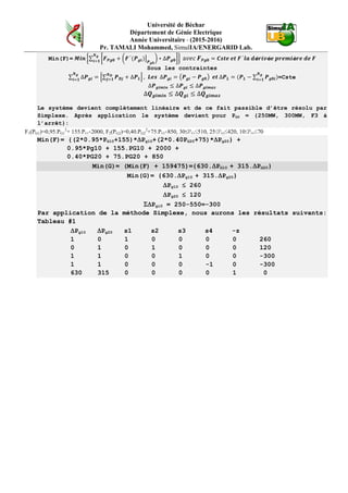 Université de Béchar
Département de Génie Electrique
Année Universitaire - (2015-2016)
Pr. TAMALI Mohammed, SimulIA/ENERGARID Lab.
Min(F)= 𝑴𝒊𝒏 �∑ �𝑭 𝑷𝒈𝟎 + � 𝑭′
(𝑷 𝒈𝒊)�
𝑷 𝒈𝟎
� ∗ ∆𝑷 𝒈𝟎�
𝑵 𝒈
𝒊=𝟏
� a𝑣𝑒𝑐 𝑭 𝑷𝒈𝟎 = 𝑪𝒔𝒕𝒆 𝒆𝒕 𝑭′
𝒍𝒂 𝒅é𝒓𝒊𝒗é𝒆 𝒑𝒓𝒆𝒎𝒊è𝒓𝒆 𝒅𝒆 𝑭
Sous les contraintes
∑ ∆𝑷 𝒈𝒊 = �∑ 𝑷 𝑫𝒋 + ∆𝑷 𝑳
𝑵 𝑫
𝒋=𝟏 �
𝑵 𝒈
𝒊=𝟏
, 𝑳𝒆𝒔 ∆𝑷 𝒈𝒊 = �𝑷 𝒈𝒊 − 𝑷 𝒈𝟎� 𝒆𝒕 ∆𝑷 𝑳 = (𝑷 𝑳 − ∑ 𝑷 𝒈𝟎𝒊)
𝑵 𝒈
𝒊=𝟏
=Cste
∆𝑷 𝒈𝒊𝒎𝒊𝒏 ≤ ∆𝑷 𝒈𝒊 ≤ ∆𝑷 𝒈𝒊𝒎𝒂𝒙
∆𝑸 𝒈𝒊𝒎𝒊𝒏 ≤ ∆𝑸 𝒈𝒊 ≤ ∆𝑸 𝒈𝒊𝒎𝒂𝒙
Le système devient complètement linéaire et de ce fait passible d’être résolu par
Simplexe. Après application le système devient pour PG0 = {250MW, 300MW, F3 à
l’arrêt}:
F1(PG1)=0,95.PG1
2
+ 155.PG1+2000, F2(PG2)=0,40.PG2
2
+75.PG2+850, 30≤PG1≤510, 25≤PG2≤420, 10≤PG3≤70
Min(F)= {(2*0.95*PG10+155)*∆Pg10+(2*0.40PG20+75)*∆Pg20} +
0.95*Pg10 + 155.PG10 + 2000 +
0.40*PG20 + 75.PG20 + 850
Min(G)= (Min(F) + 159475)={630.∆PG10 + 315.∆PG20}
Min(G)= {630.∆Pg10 + 315.∆Pg20}
∆Pg10 ≤ 260
∆Pg20 ≤ 120
Σ∆Pgi0 = 250-550=-300
Par application de la méthode Simplexe, nous aurons les résultats suivants:
Tableau #1
∆Pg10 ∆Pg20 s1 s2 s3 s4 -z
1 0 1 0 0 0 0 260
0 1 0 1 0 0 0 120
1 1 0 0 1 0 0 -300
1 1 0 0 0 -1 0 -300
630 315 0 0 0 0 1 0
 