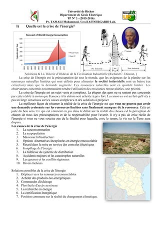 Université de Béchar
Département de Génie Electrique
TP N° 5 - (2015-2016)
Pr. TAMALI Mohammed, SimulIA/ENERGARID Lab.
I) Quelle est la crise de l'énergie‫؟‬
Solutions & La Théorie d’Olduvai de la Civilisation Industrielle (Richard C. Duncan, )
La crise de l'énergie est la préoccupation de tout le monde, que les exigences de la planète sur les
ressources naturelles limitées qui sont utilisés pour alimenter la société industrielle sont en baisse (en
extinction) alors que la demande augmente. Ces ressources naturelles sont en quantité limitée. Les
observateurs concernés recommandent rendre l'utilisation des ressources renouvelables, une priorité.
La crise de l'énergie est un sujet vaste et complexe. La plupart des gens ne se sentent pas concernés
par cette réalité à moins que l'essence à la station soit achetée à prix fort. La raison en est au fait qu'il n'y a
pas un large consensus sur les causes complexes et des solutions à proposer
La meilleure façon de résumer la réalité de la crise de l'énergie est que vous ne pouvez pas avoir
une demande croissante sur les ressources limitées sans finalement manquer de la ressource. Cela est
juste du bon sens. Ce qui est vraiment en jeu dans le débat sur la réalité des choses est la perception de
chacun de nous des préoccupations et de la responsabilité pour l'avenir. Il n'y a pas de crise réelle de
l'énergie si vous ne vous souciez pas de la finalité pour laquelle, avec le temps, la vie sur la Terre aura
disparu.
Les causes de la crise de l'énergie
1. La surconsommation
2. La surpopulation
3. Mauvaise Infrastructure
4. Options Alternatives Inexplorées en énergie renouvelable
5. Retard dans la mise en service des centrales électriques
6. Gaspillage de l'énergie
7. La faiblesse du système de distribution
8. Accidents majeurs et les catastrophes naturelles
9. Les guerres et les conflits régionaux
10. Divers facteurs
Solutions possibles de la crise de l'énergie
1. Déplacer vers les ressources renouvelables
2. Acheter des produits éco-énergétiques
3. Commandes d'éclairage
4. Plus facile d'accès au réseau
5. La recherche en énergie
6. La certification énergétique
7. Position commune sur la réalité du changement climatique.
 