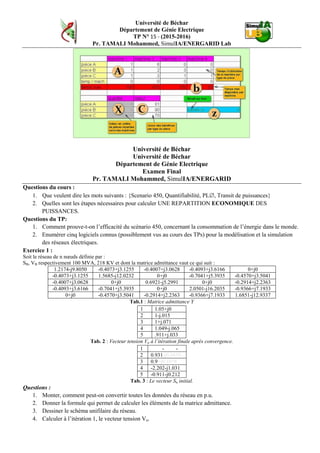 Université de Béchar
Département de Génie Electrique
TP N° 8 - (2015-2016)
Pr. TAMALI Mohammed, SimulIA/ENERGARID Lab.
Répartition des puissances & Efficacité énergétique (Partie II).
I) Généralités sur les notions de la répartition des puissances (PD : Power Dispatch).
Le modèle mathématique de la répartition
Fig. 1 : Approximation de la fonction coût par une droite tangente α
𝐹 = � 𝐹𝑖�𝑃𝑔𝑖�
𝑁 𝑔
𝑖=1
= � 𝑎𝑖. 𝑃𝑔𝑖
2
+ 𝑏𝑖. 𝑃𝑔𝑖 + 𝑐𝑖
𝑁 𝑔
𝑖=1
𝑒𝑛 $/𝑀𝑊ℎ
𝑀𝑖𝑛{𝐹} = 𝑀𝑖𝑛 �∑ 𝐹𝑖�𝑃𝑔𝑖�
𝑁 𝑔
𝑖=1 � 𝑒𝑛 $/𝑀𝑊ℎ, avec 𝑖 ∈ [1. . 𝑁𝑔]
Sous les contraintes
∑ 𝑃𝑔𝑖 = ∑ 𝑃𝐷𝑗
𝑁 𝐷
𝑗=1
𝑁 𝑔
𝑖=1
+ 𝑃𝐿
𝑃𝑔𝑖𝑚𝑖𝑛 ≤ 𝑃𝑔𝑖 ≤ 𝑃𝑔𝑖𝑚𝑎𝑥
𝑄 𝑔𝑖𝑚𝑖𝑛 ≤ 𝑄 𝑔𝑖 ≤ 𝑄 𝑔𝑖𝑚𝑎𝑥
|𝑉𝑖𝑚𝑖𝑛| ≤ |𝑉𝑖| ≤ |𝑉𝑖𝑚𝑎𝑥|
𝛿𝑖𝑗 ≤ 𝛿𝑖𝑗
𝑚𝑎𝑥
𝑃𝑖𝑗 ≤ 𝑃𝑖𝑗
𝑚𝑎𝑥
, avec 𝑖, 𝑗 ∈ [1. . 𝑁], N étant le nombre de nœuds.
Pour une première approximation nous remplaçons la forme quadratique par la tangente au point choisi A, nous obtenons :
F(Pgi+PgA)=F(PgA)+[dF(Pg)/dPg]Pgi=PgA*(Pgi-PgA)+Ω(PgA),
le terme Ω(PgA) est appelé reste de Taylor et est presque nul puisqu’il contient tout les dérivées d’ordre supérieur ou égal à 2
chacune multiplié par le coefficient (1/n!) n étant l’ordre du monôme.
Donc, le système précédent s’écrira :
Min(F)=𝑴𝒊𝒏 �∑ ��
𝒅𝑭 𝒊(𝑷 𝒈𝒊)
𝒅𝑷 𝒈𝒊
��
𝑷 𝒈𝑨
∗ �𝑷 𝒈𝒊 − 𝑷 𝒈𝑨� + 𝑭(𝑷 𝒈𝑨)�
𝑵 𝒈
𝒊=𝟏
�
Sous les contraintes
∑ 𝑃𝑔𝑖 = ∑ 𝑃𝐷𝑗
𝑁 𝐷
𝑗=1
𝑁 𝑔
𝑖=1
+ 𝑃𝐿
𝑃𝑔𝑖𝑚𝑖𝑛 − 𝑃𝑔𝐴 ≤ 𝑃𝑔𝑖 − 𝑃𝑔𝐴 ≤ 𝑃𝑔𝑖𝑚𝑎𝑥 − 𝑃𝑔𝐴
𝑄 𝑔𝑖𝑚𝑖𝑛 − 𝑄 𝑔𝐴 ≤ 𝑄 𝑔𝑖 − 𝑄 𝑔𝐴 ≤ 𝑄 𝑔𝑖𝑚𝑎𝑥 − 𝑄 𝑔𝐴
Le système devient complètement linéaire et de ce fait passible d’être résolu par Simplexe.
NB : La première approximation de la fonction coût est donnée par le développement de degré 01 de l’écriture de la fonction
𝐹�∆𝑃𝑔𝑖
0
� = 𝐹�𝑃𝑔𝑖�| 𝑃 𝑔𝑖
0 + �
1
1!
𝜕𝐹
𝜕𝑃𝑔𝑖
| 𝑃 𝑔𝑖
0 � ∗ ∆𝑃𝑔𝑖
0
+ ⋯ + 𝑂�∆𝑃𝑔𝑖
0
� 𝑎𝑣𝑒𝑐 ∆𝑃𝑔𝑖
0
= (𝑃𝑔𝑖 − 𝑃𝑔𝑖
0
)
 