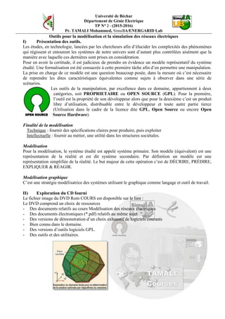 Université de Béchar
Département de Génie Electrique
TD N°1 - (2016-2017)
Pr. TAMALI Mohammed, SimulIA/ENERGARID Lab.
Circuits électriques de base et les méthodes de résolution
Ex1 :
Soit le circuit électrique ci-contre, Ecriver l'équation
modèle le représentant.
Ex2:
Mettreenéquationlecircuitsuivant.
Quellessontlesloismisesenévidencedanscetypedecircuit
Ex3 :
Etudier le circuit suivant en justifiant :
a- Sa topologie
b- Les grandeurs électriques
c- Les composantes électriques et leurs types
d- Les théories de l'électricité qui s'y rapportent
e- Une méthode de résolution, pour déterminer le courant I1.
 