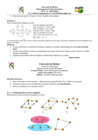Université de Béchar
Département de Génie Electrique
TP N° 8 - (2015-2016)
Pr. TAMALI Mohammed, SimulIA/ENERGARID Lab.
II) Manipulation
Soit le réseau standard IEEE 5 nœuds suivant :
Tab. 1 : Tableau de planification
Nœud Type P (pu) Q (pu) V (pu) δ (°)
1 Bilan - - 1.0 0
2 Générateur 0.931 - 1.0+j0.0 -
3 Générateur 0.900 - 1.0+j0.0 -
4 Charge -2.202 -1.031 - -
5 Charge -0.911 -0.212 - -
Tab. 2 : Coefficients des fonctions coût
Coefficients Moindres carrés Interpolation par polynômes de Lagrange
a 2595.15750000002 2595;1575
b 202.26199999998 202;262
c 1.1258250000004 1.125825
Comment déterminer Ps et Qs
Déterminer le modèle linéaire du réseau suivant
Calculer, par Simplexe, la répartition des puissances actives (Programmation Linéaire).
Discuter la méthode.
 