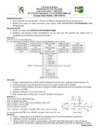 Université de Béchar
Département de Génie Electrique
Année Universitaire - (2015-2016)
Pr. TAMALI Mohammed, SimulIA/ENERGARID Lab.
Examen Final Module : METT1F191
Questions du cours :
1. Que veulent dire les mots suivants : {Théorie d’Olduvai, Fiabilité, SIG, Transit de puissances}
2. Quelles sont toutes les étapes nécessaires pour calculer UNE REPARTITION ECONOMIQUE DES
PUISSANCES.
Questions du TP:
1. Quelle est l’utilité d’une EFFICACITE ENERGETIQUE.
2. Enumérer cinq logiciels connus (possiblement vus au cours des TPs) pouvant être utilisés pour la
modélisation et la simulation des réseaux électriques.
Exercice 1 :
Soit le réseau de n nœuds définie par :
SB, VB respectivement 210 MVA, 118 KV et dont la matrice admittance vaut ce qui suit :
1.2174-j9.8050 -0.4073+j3.1255 -0.4007+j3.0628 -0.4093+j3.6166 0+j0
-0.4073+j3.1255 1.5685-j12.0232 0+j0 -0.7041+j5.3935 -0.4570+j3.5041
-0.4007+j3.0628 0+j0 0.6921-j5.2991 0+j0 -0.2914+j2.2363
-0.4093+j3.6166 -0.7041+j5.3935 0+j0 2.0501-j16.2035 -0.9366+j7.1933
0+j0 -0.4570+j3.5041 -0.2914+j2.2363 -0.9366+j7.1933 1.6851-j12.9337
Tab.1 : Matrice admittance Y
1 1.05+j0
2 1-j.015
3 1+j.071
4 1.049-j.065
5 .911+j.033
Tab. 2 : Vecteur tension Vn à l’itération finale après convergence.
1 - -
2 0.931-j0.0450
3 0.9+j0.1078
4 -2.202-j1.031
5 -0.911-j0.212
Tab. 3 : Le vecteur Sn initial.
Questions :
1. Monter, comment peut-on convertir toutes les données du réseau en p.u., appliquer pour les tension et Y11.
2. Comment calcule-t-on les éléments de la matrice Y et à partir de quels type de données.
3. Dessiner le schéma unifilaire du réseau, en déduire le graphe équivalent au sens de la Topologie des graphes
et définir son TYPE.
4. Calculer à l’itération 1, le vecteur tension Vn.
5. Peut-on écrire que SL=ΣΣSij pour i et j∈[1,n] ? Justifier votre réponse.
Exercice 2 :
Soit le réseau Ouest Algérien suivant :
Avec les données suivantes :
F1(PG1)=0,95.PG1
2
+ 155.PG1+2000, F2(PG2)=0,40.PG2
2
+75.PG2+850
F3(PG3)=1,70.PG3
2
+250.PG3+3000
Sous les contraintes suivantes :
30≤PG1≤510, 25≤PG2≤420, 10≤PG3≤70 et ΣPGi −ΣCj − PL = 0, F3 est à l’arrêt.
La consommation totale ΣCj est de 250 MW et les pertes totales actives PL ≈ 0MW.
Questions :
1. Tracer l’organigramme de la méthode de Lagrange pour le calcul de la répartition économique.
2. Appliquer le dernier algorithme au cas de ce réseau.
3. Si nous choisissons les valeurs correspondantes aux points choisis Pg0 pour chaque courbe. Donner le
modèle linéaire du problème. Appliquer la première étape du Simplexe (méthode des tableaux) au système.
Bonne chance
 