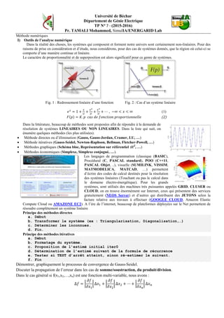 Université de Béchar
Département de Génie Electrique
TP N° 4 - (2015-2016)
Pr. TAMALI Mohammed, SimulIA/ENERGARID Lab.
Sous octave utiliser les données ci-haut pour calculer la matrice admittance Y et le transit de charge selon la méthode
Gauss Seidel.
Tab. 1 : Ybus Matrice admittance du schéma unifilaire de l'exemple plus haut.
1 2 3 4 5
1 2.6923 - j 13.4115 - 1.9231 + j 9.6154 0 0 - 0.7692 + j 3.8462
2- 1.9231 + j 9.6154 3.6538 - j 18.1942 - 0.9615 + j 4.8077 0 - 0.7692 + j 3.8462
3 0 - 0.9615 + j 4.8077 2.2115 - j 11.0027 - 0.7692 + j 3.8462- 0.4808 + j 2.4038
4 0 0 - 0.7692 + j 3.8462 1.1538 - j 5.6742 - 0.3846 + j 1.9231
5- 0.7692 + j 3.8462- 0.7692 + j 3.8462- 0.4808 + j 2.4038- 0.3846 + j 1.9231 2.4038 - j 11.8942
Tab. 2 Tension nodale, puissance générée et de charge – Données initiales.
Noeud
no.
Tension
nodale
puissance
générée
Charge
Module
(pu)
Angle
(°)
Pg
(MW)
Qg
(MVAr)
Pch
(MW)
Qch
(MVAr)
1 1.05 0 - - 0 0
2 1 0 0 0 96 62
3 1 0 0 0 35 14
4 1 0 0 0 16 8
5 1.02 0 48 - 24 11
Tab. 3 : Méthode Gauss-Seidel, résultats après l'itération 1
l Tensions nodales (per unit) après la 1ère
itération
V2 V3 V4 V5
1 0.9927- 2.6° 0.9883- 2.83° 0.9968- 3.48° 1.02 - 0.89°
2 0.9874- 5.22° 0.9766- 8.04° 0.9918- 14.02° 1.02 - 4.39°
1.8 0.9883- 4.7° 0.9785- 6.8° 0.9903- 11.12° 1.02 - 3.52°
1.6 0.9893- 4.17° 0.9807- 5.67° 0.9909- 8.65° 1.02 - 2.74°
1.4 0.9903- 3.64° 0.9831- 4.62° 0.9926- 6.57° 1.02 - 2.05°
1.2 0.9915- 3.11° 0.9857- 3.68° 0.9947- 4.87° 1.02 - 1.43°
NB: Document à voir sur slideshare.net/mtamali
Modélisation & Optimisation des réseaux électriques
 