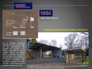 •-Casa Visser, Bergeijk.-
•-Pabellón de escultura Sonsbeek, Otterlo, Países Bajos.-
•En el Pabellón Sonsbeek,
Rietveld una vez más hizo gala
de su interpretación del
espacio: las paredes y los
techos, construidos en varios
niveles, definen el espacio
dentro y alrededor del edificio
sin determinar por completo la
frontera entre el espacio interior
y exterior, reforzando este
concepto construye de forma
“borrosa” la estructura con sus
grandes superficies de vidrio. El Pabellón de Sonsbeek de Rietveld’ se reconstruyó varias veces, una de ellas fue en 2010 en
el Museo de Kröller-Müller utilizando con nuevos materiales . 22
 