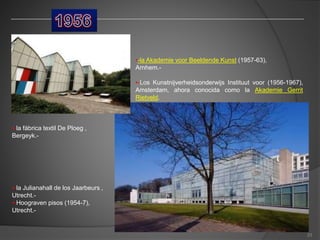 •-la Akademie voor Beeldende Kunst (1957-63),
Arnhem.-
•-Los Kunstnijverheidsonderwijs Instituut voor (1956-1967),
Amsterdam, ahora conocida como la Akademie Gerrit
Rietveld.
•-la fábrica textil De Ploeg ,
Bergeyk.-
•-la Julianahall de los Jaarbeurs ,
Utrecht.-
•-Hoograven pisos (1954-7),
Utrecht.-
23
 