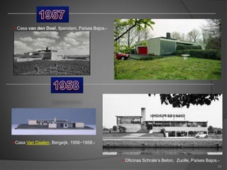 •-Casa van den Doel, Ilpendam, Países Bajos.-
•-Casa Van Daalen, Bergeijk, 1956−1958.-
•-Oficinas Schrale’s Beton, Zuolle, Países Bajos.-
24
 