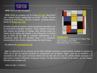 •-1918- Nace su hija Vrouwgien.-
•-1919- Entró en contacto con la revista De Stijl: Maandblad
voor nieuwe Kunst, wetenschap en Kultur (Estilo, Revista
mensual de Arte Nuevo, Ciencia y Cultura) probablemente a
través de Robert van 'Hoff,
De esta manera se acerca a varios arquitectos asociados con
el movimiento holandés moderno. Todos estaban buscando
una manera de purificar su trabajo, para eliminar todos los
restos de los estilos del pasado y las influencias. A medida
que la fama de De Stijl se extendió rápidamente, y su
reputación pasó de un artesano local a un arquitecto
reconocido en los círculos vanguardistas de toda Europa.
•-Se adhiere al movimiento De Stij.
•- Nace su hijo J. Cornelis.-
Piet Mondrian
Composición A: Composición con Negro, Rojo,
Gris, Amarillo y Azul (1920)
Óleo sobre lienzo : 91,5 x 92 cm
•-Bajo la influencia de los pintores de De Stijl, Rietveld comenzó a experimentar durante la década de
1920 con el uso de colores primarios en combinación con el blanco, negro y gris en su mobiliario y la
arquitectura. Él creía que el principio detrás del uso del color era que los colores deben ajustarse a la
estructura e incluso enfatizarla. Aunque la revista De Stijl apoyó la unidad de las artes y de los colegas,
Rietveld solía trabajar solo.
7
 