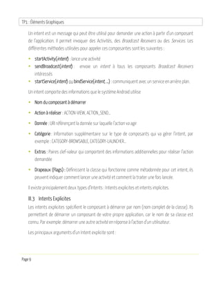 TP1 : Éléments Graphiques
Page 9
Un intent est un message qui peut être utilisé pour demander une action à partir d’un composant
de l’application. Il permet invoquer des Activités, des Broadcast Receivers ou des Services. Les
différentes méthodes utilisées pour appeler ces composantes sont les suivantes :
• startActivity(intent) : lance une activité
• sendBroadcast(intent) : envoie un intent à tous les composants Broadcast Receivers
intéressés
• startService(intent) ou bindService(intent, …) : communiquent avec un service en arrière plan.
Un intent comporte des informations que le système Android utilise
• Nom du composant à démarrer
• Action à réaliser : ACTION-VIEW, ACTION_SEND…
• Donnée : URI référençant la donnée sur laquelle l’action va agir
• Catégorie : Information supplémentaire sur le type de composants qui va gérer l’intent, par
exemple : CATEGORY-BROWSABLE, CATEGORY-LAUNCHER…
• Extras : Paires clef-valeur qui comportent des informations additionnelles pour réaliser l’action
demandée
• Drapeaux (Flags) : Définissent la classe qui fonctionne comme métadonnée pour cet intent, ils
peuvent indiquer comment lancer une activité et comment la traiter une fois lancée.
Il existe principalement deux types d’Intents : Intents explicites et intents implicites.
III.3 Intents Explicites
Les intents explicites spécifient le composant à démarrer par nom (nom complet de la classe). Ils
permettent de démarrer un composant de votre propre application, car le nom de sa classe est
connu. Par exemple: démarrer une autre activité en réponse à l’action d’un utilisateur.
Les principaux arguments d’un Intent explicite sont :
 