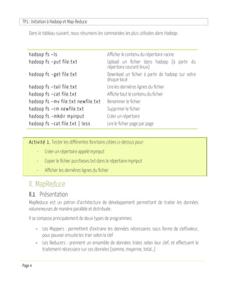 TP1 : Initiation à Hadoop et Map-Reduce
Page 4
Dans le tableau suivant, nous résumons les commandes les plus utilisées dans Hadoop:
hadoop fs –ls Afficher le contenu du répertoire racine
hadoop fs –put file.txt Upload un fichier dans hadoop (à partir du
répertoire courant linux)
hadoop fs –get file.txt Download un fichier à partir de hadoop sur votre
disque local
hadoop fs –tail file.txt Lire les dernières lignes du fichier
hadoop fs –cat file.txt Affiche tout le contenu du fichier
hadoop fs –mv file.txt newfile.txt Renommer le fichier
hadoop fs –rm newfile.txt Supprimer le fichier
hadoop fs –mkdir myinput Créer un répertoire
hadoop fs –cat file.txt | less Lire le fichier page par page
Activité 1. Tester les différentes fonctions citées ci-dessus pour:
- Créer un répertoire appelé myinput
- Copier le fichier purchases.txt dans le répertoire myinput
- Afficher les dernières lignes du fichier
II. MapReduce
II.1 Présentation
MapReduce est un patron d’architecture de développement permettant de traiter les données
volumineuses de manière parallèle et distribuée.
Il se compose principalement de deux types de programmes:
- Les Mappers : permettent d’extraire les données nécessaires sous forme de clef/valeur,
pour pouvoir ensuite les trier selon la clef
- Les Reducers : prennent un ensemble de données triées selon leur clef, et effectuent le
traitement nécessaire sur ces données (somme, moyenne, total…)
 
