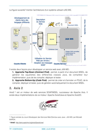 La ﬁgure suivante montre l’architecture d’un système utilisant JAX-WS.3
Il existe deux façons pour développer un service web avec JAX-WS :
1. Approche Top-Down (Contract First) : permet, à partir d’un document WSDL, de
générer les squelettes des différentes classes Java, de compléter leur
implémentation, puis de les compiler, déployer et tester.
2. Approche Bottom-Up (Code First) : permet de créer et d’annoter un POJO, de le
compiler, déployer et tester, puis de générer automatiquement le document WSDL.
2. Axis 2
Axis2 est un moteur de web services SOAP/WSDL, successeur de Apache Axis. Il4
existe deux implémentations de ce moteur: Apache Axis2/Java et Apache Axis2/C.
Figure extraite du cours Développer des Services Web Étendus avec Java : JAX-WS, par Mickaël3
BARON.
Axis2: http://axis.apache.org/axis2/java/core/4
TP 1 ESERVICES MME. LILIA SFAXI 3
 