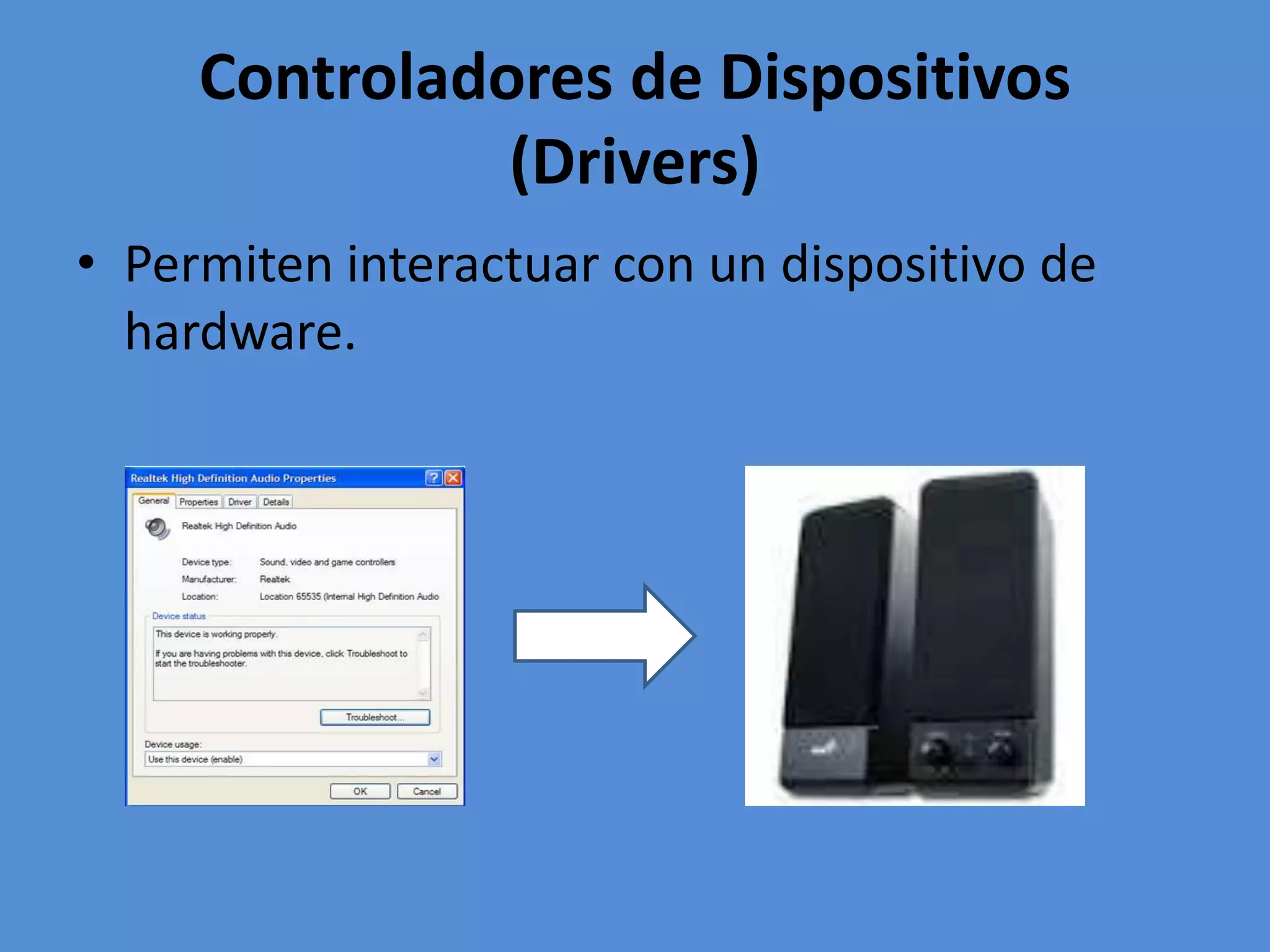 Controladores de Dispositivos
(Drivers)
• Permiten interactuar con un dispositivo de
hardware.