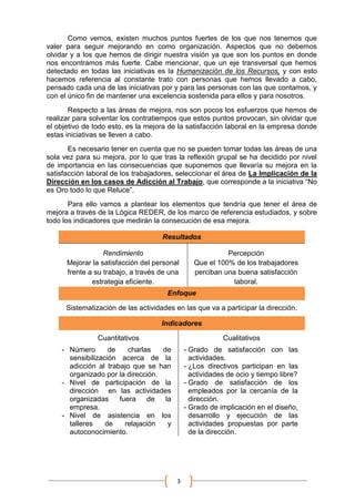 Como vemos, existen muchos puntos fuertes de los que nos tenemos que
valer para seguir mejorando en como organización. Aspectos que no debemos
olvidar y a los que hemos de dirigir nuestra visión ya que son los puntos en donde
nos encontramos más fuerte. Cabe mencionar, que un eje transversal que hemos
detectado en todas las iniciativas es la Humanización de los Recursos, y con esto
hacemos referencia al constante trato con personas que hemos llevado a cabo,
pensado cada una de las iniciativas por y para las personas con las que contamos, y
con el único fin de mantener una excelencia sostenida para ellos y para nosotros.
       Respecto a las áreas de mejora, nos son pocos los esfuerzos que hemos de
realizar para solventar los contratiempos que estos puntos provocan, sin olvidar que
el objetivo de todo esto, es la mejora de la satisfacción laboral en la empresa donde
estas iniciativas se lleven a cabo.
       Es necesario tener en cuenta que no se pueden tomar todas las áreas de una
sola vez para su mejora, por lo que tras la reflexión grupal se ha decidido por nivel
de importancia en las consecuencias que suponemos que llevaría su mejora en la
satisfacción laboral de los trabajadores, seleccionar el área de La Implicación de la
Dirección en los casos de Adicción al Trabajo, que corresponde a la iniciativa “No
es Oro todo lo que Reluce”.
       Para ello vamos a plantear los elementos que tendría que tener el área de
mejora a través de la Lógica REDER, de los marco de referencia estudiados, y sobre
todo los indicadores que medirán la consecución de esa mejora.

                                     Resultados

                  Rendimiento                              Percepción
      Mejorar la satisfacción del personal       Que el 100% de los trabajadores
      frente a su trabajo, a través de una       perciban una buena satisfacción
              estrategia eficiente.                          laboral.
                                      Enfoque

      Sistematización de las actividades en las que va a participar la dirección.

                                     Indicadores

                Cuantitativos                             Cualitativos
    - Número       de    charlas   de         - Grado de satisfacción con las
      sensibilización acerca de la              actividades.
      adicción al trabajo que se han          - ¿Los directivos participan en las
      organizado por la dirección.              actividades de ocio y tiempo libre?
    - Nivel de participación de la            - Grado de satisfacción de los
      dirección en las actividades              empleados por la cercanía de la
      organizadas     fuera    de   la          dirección.
      empresa.                                - Grado de implicación en el diseño,
    - Nivel de asistencia en los                desarrollo y ejecución de las
      talleres    de    relajación   y          actividades propuestas por parte
      autoconocimiento.                         de la dirección.




                                          3
 
