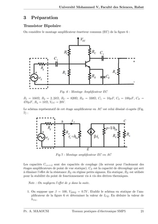 Université Mohammed V, Faculté des Sciences, Rabat
3 Préparation
Transistor Bipolaire
On considère le montage ampli…cateur émetteur commun (EC) de la …gure 6 :
Fig. 6 : Montage Ampli…cateur EC
R1 = 10k ; R2 = 2; 2k ; RC = 820 , RE = 330 ; C1 = 10 F; C2 = 100 F, CE =
470 F, Ru = 1k , VCC = 20V:
Le schéma représentatif de cet étage ampli…cateur en AC est celui déssiné ci-après (Fig.
7) :
Fig.7 : Montage ampli…cateur EC en AC
Les capacités Ci;i=1;2 sont des capacités de couplage (ils servent pour l’isolement des
étages ampli…cateurs de point de vue statique). CE est la capacité de découplage qui sert
à éliminer l’e¤et de la résistance RE en régime petits signaux. En statique, RE est utilisée
pour la stabilité du point de fonctionnement vis à vis des dérives thermiques.
Note : On negligera l’e¤et de dans la suite.
1. On suppose que = 100; VBEQ = 0:7V . Etablir le schéma en statique de l’am-
pli…cateur de la …gure 6 et déterminer la valeur de ICQ. En déduire la valeur de
h11e.
Pr. A. MAAOUNI Travaux pratiques d’électronique SMP5 21
 