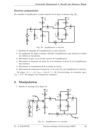 Université Mohammed V, Faculté des Sciences, Rabat
Exercice préparatoire
On considère l’ampli…cateur à contre réaction de la …gure ci-dessous (…g. 20).
Fig. 20 : Ampli…cateur à réaction
1. Identi…er la topologie de l’ampli…cateur à contre réaction.
2. En appliquant les règles ci-dessus, identi…er l’ampli…cateur sans réaction et établir
son schéma en dynamique.
3. Déterminer le gain AoLen boucle ouverte de l’ampli…cateur.
4. Déterminer la résistance de sortie Ro et la résistance d’entrée Ri de l’ampli…cateur
sans réaction.
5. Déterminer la transmission de la chaîne de retour.
6. Déterminer les résistances d’entrée Rif et de sortie Rof de l’ampli…cateur à réaction.
On donne : Vp = 4:5; IDSS = 16mA; = 50 (Caractéristique du transistor npn),
VBE = 0:7V . On suppose une température ambiante.
3 Manipulation
1. Réaliser le montage de la …gure 21 :
Fig. 21 : Ampli…cateurs en cascades
Pr. A. MAAOUNI Travaux pratiques d’électronique SMP5 33
 