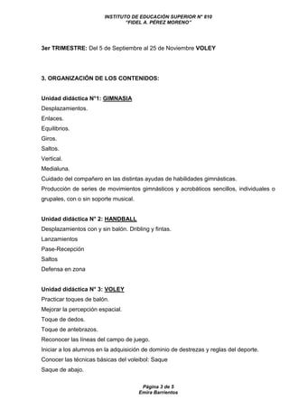 INSTITUTO DE EDUCACIÓN SUPERIOR N° 810
“FIDEL A. PÉREZ MORENO”
Página 3 de 5
Emira Barrientos
3er TRIMESTRE: Del 5 de Septiembre al 25 de Noviembre VOLEY
3. ORGANIZACIÓN DE LOS CONTENIDOS:
Unidad didáctica N°1: GIMNASIA
Desplazamientos.
Enlaces.
Equilibrios.
Giros.
Saltos.
Vertical.
Medialuna.
Cuidado del compañero en las distintas ayudas de habilidades gimnásticas.
Producción de series de movimientos gimnásticos y acrobáticos sencillos, individuales o
grupales, con o sin soporte musical.
Unidad didáctica N° 2: HANDBALL
Desplazamientos con y sin balón. Dribling y fintas.
Lanzamientos
Pase-Recepción
Saltos
Defensa en zona
Unidad didáctica N° 3: VOLEY
Practicar toques de balón.
Mejorar la percepción espacial.
Toque de dedos.
Toque de antebrazos.
Reconocer las líneas del campo de juego.
Iniciar a los alumnos en la adquisición de dominio de destrezas y reglas del deporte.
Conocer las técnicas básicas del voleibol: Saque
Saque de abajo.
 