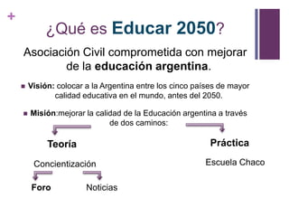 ¿Qué es Educar 2050?Asociación Civil comprometida con mejorar de la educación argentina.Visión: colocar a la Argentina entre los cinco países de mayor calidad educativa en el mundo, antes del 2050.Misión:mejorar la calidad de la Educación argentina a través de dos caminos:PrácticaTeoríaEscuela ChacoConcientizaciónForoNoticias