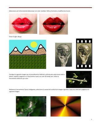 3
Seleccionar con la herramienta Seleccionar con color. Cambiar Brillo y Contraste y modificar las Curvas .
Crear el sigte. dibujo:
Consigue la siguiente imagen por el procedimiento habitual y utilízala para seleccionar toda la
planta, copiarla y pegarla en un documento nuevo con color de fondo azul. Utiliza la
herramienta Selección por color.
Mediante la herramienta Tijeras inteligentes, selecciona el cuerpo de la araña de la imagen siguiente. Copia esa selección y pégala en la
siguiente imagen:
 