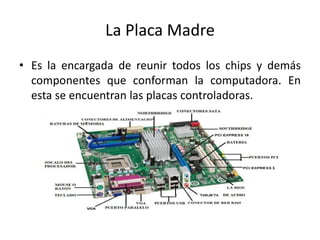 La Placa Madre
• Es la encargada de reunir todos los chips y demás
componentes que conforman la computadora. En
esta se encuentran las placas controladoras.
 