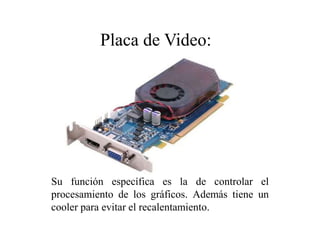 Su función específica es la de controlar el
procesamiento de los gráficos. Además tiene un
cooler para evitar el recalentamiento.
Placa de Video:
 