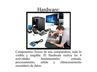 Componentes físicos de una computadora, todo lo
visible y tangible. El Hardware realiza las 4
actividades fundamentales: entrada,
procesamiento, salida y almacenamiento
secundario de datos.
Hardware:
 