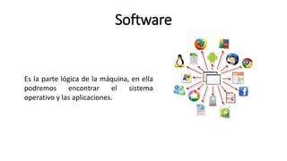 Software
Es la parte lógica de la máquina, en ella
podremos encontrar el sistema
operativo y las aplicaciones.
 