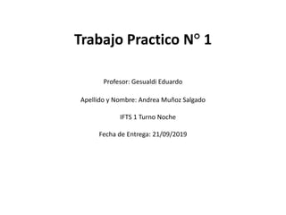 Trabajo Practico N° 1
Profesor: Gesualdi Eduardo
Apellido y Nombre: Andrea Muñoz Salgado
IFTS 1 Turno Noche
Fecha de Entrega: 21/09/2019
 