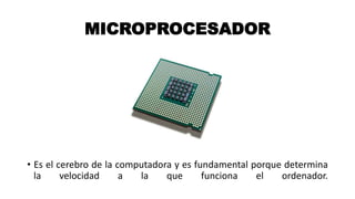 MICROPROCESADOR
• Es el cerebro de la computadora y es fundamental porque determina
la velocidad a la que funciona el ordenador.
 