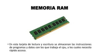 MEMORIA RAM
• En esta tarjeta de lectura y escritura se almacenan las instrucciones
de programas y datos con los que trabaja el cpu, a los cuales necesita
rápido acceso.
 