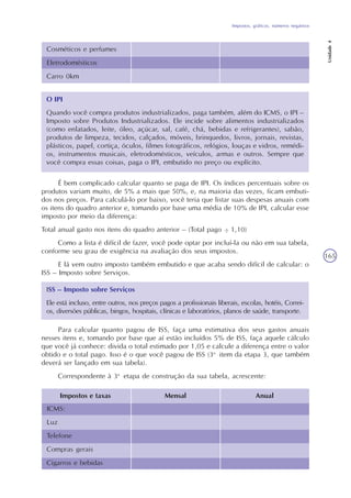 Impostos, gráficos, números negativos
Unidade4
165
Cosméticos e perfumes
Eletrodomésticos
Carro 0km
O IPI
Quando você compra produtos industrializados, paga também, além do ICMS, o IPI –
Imposto sobre Produtos Industrializados. Ele incide sobre alimentos industrializados
(como enlatados, leite, óleo, açúcar, sal, café, chá, bebidas e refrigerantes), sabão,
produtos de limpeza, tecidos, calçados, móveis, brinquedos, livros, jornais, revistas,
plásticos, papel, cortiça, óculos, filmes fotográficos, relógios, louças e vidros, remédi-
os, instrumentos musicais, eletrodomésticos, veículos, armas e outros. Sempre que
você compra essas coisas, paga o IPI, embutido no preço ou explícito.
É bem complicado calcular quanto se paga de IPI. Os índices percentuais sobre os
produtos variam muito, de 5% a mais que 50%, e, na maioria das vezes, ficam embuti-
dos nos preços. Para calculá-lo por baixo, você teria que listar suas despesas anuais com
os itens do quadro anterior e, tomando por base uma média de 10% de IPI, calcular esse
imposto por meio da diferença:
Total anual gasto nos itens do quadro anterior – (Total pago 1,10)
Como a lista é difícil de fazer, você pode optar por incluí-la ou não em sua tabela,
conforme seu grau de exigência na avaliação dos seus impostos.
E lá vem outro imposto também embutido e que acaba sendo difícil de calcular: o
ISS – Imposto sobre Serviços.
..
ISS – Imposto sobre Serviços
Ele está incluso, entre outros, nos preços pagos a profissionais liberais, escolas, hotéis, Correi-
os, diversões públicas, bingos, hospitais, clínicas e laboratórios, planos de saúde, transporte.
Para calcular quanto pagou de ISS, faça uma estimativa dos seus gastos anuais
nesses itens e, tomando por base que aí estão incluídos 5% de ISS, faça aquele cálculo
que você já conhece: divida o total estimado por 1,05 e calcule a diferença entre o valor
obtido e o total pago. Isso é o que você pagou de ISS (3o
item da etapa 3, que também
deverá ser lançado em sua tabela).
Correspondente à 3a
etapa de construção da sua tabela, acrescente:
Impostos e taxas Mensal Anual
ICMS:
Luz
Telefone
Compras gerais
Cigarros e bebidas
 